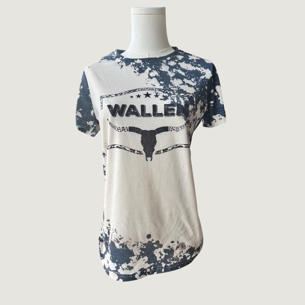 Morgan Wallen Graphic Tee Small Blue Cream Bleach Wash Bull Skull Country Music